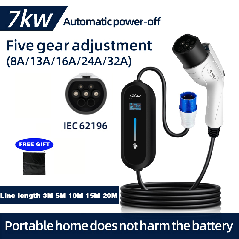 Portable Ev Charger 32A Type 2 Cee Plug - 電気自動車用ポータブル充電器,ケーブルタイプ2,iec62196,evse,ceeプラグ,ウォールボックスアダプター,7kw,32a,3m,5m,10m,15m,20m,ROMADA-EV