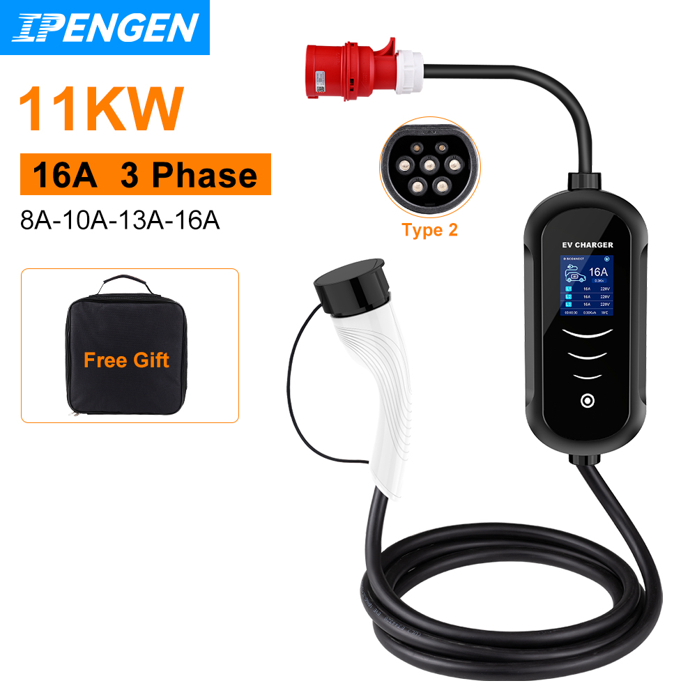 Portable Ev Charger 32A Type 2 Cee Plug - Ipengen-ポータブル電気自動車充電器,充電ボックス,CEEプラグ,電気自動車,11kw,16a,3相,タイプ2,evse,IEC62196-2