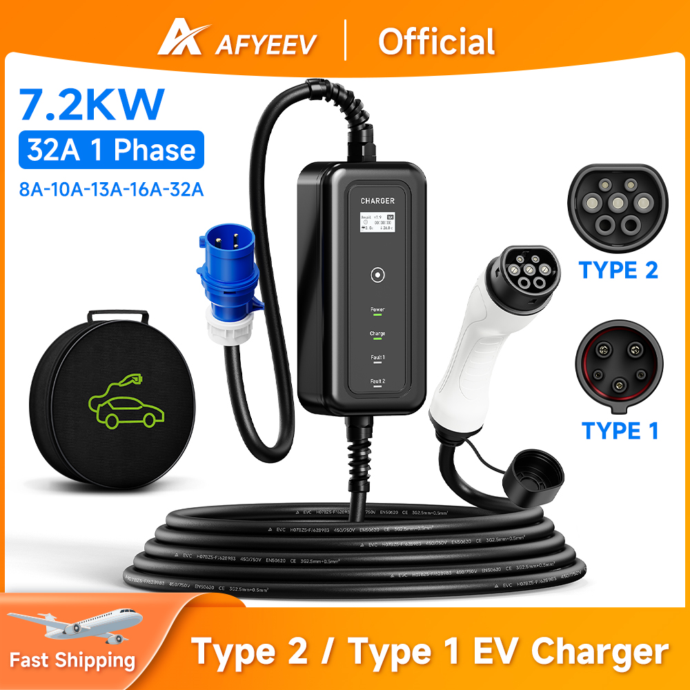 Portable Ev Charger 32A Type 2 Cee Plug - Afyeev-電気自動車用ポータブルEV充電器,ウォールボックスタイプ2ケーブル,32a,7.2kw,電気自動車アダプターj1772