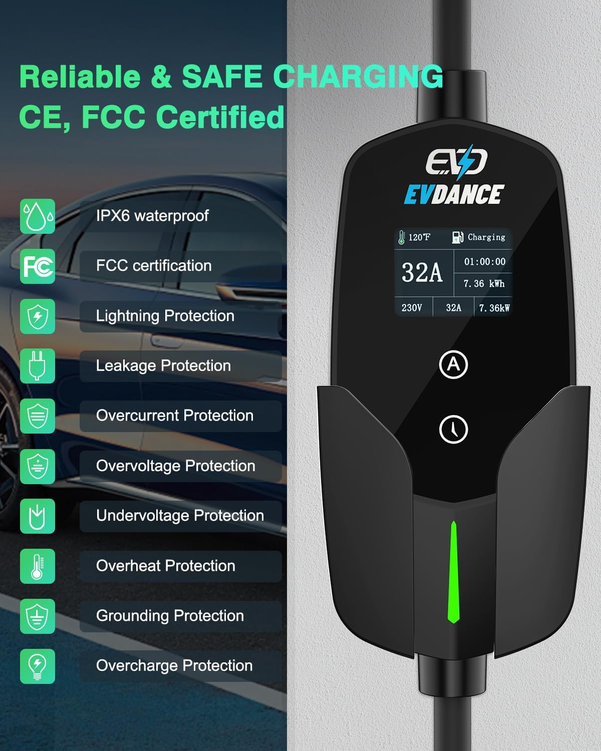Evdance-oledディスプレイ付き電気自動車充電器,3 - Portable Ev Charger 32A Type 2 Cee Plug のレビューと価格